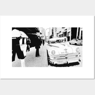 Black and white Classic street scene in downtown Posters and Art